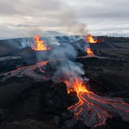 A realistic photo of a valley of active volcanoes with fire and lava everywhere