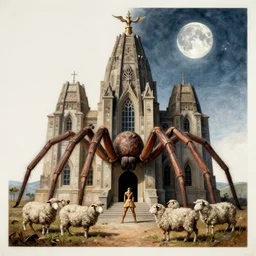 the temple of spiders, brutalist architecture. sheep, there is a sacrifice, the moon, moonlight, highly detailed, renaissance painting, gothic, 4 k, matte painting beksinsk, barlowe, dali