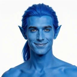 portrait of a [ blue skin ] male with blue skin and elegant smiling chiseled jaw, elf ears, blue hair in a ponytail cropped on the sides, white background, by edward hopper and greg rutkowski