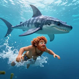 prehistoric caveman!!! swimming to escape plesiosaurus, depicted as pixar characters, high quality cg render, 4 k, cinematic light