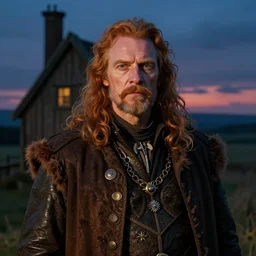 Portrait of Samuel Vimes in Hagrid Hut at twilight, detailed, hyperrealistic, colorful, cinematic lighting,  digital art by Paul Kidby, and Jim Kay