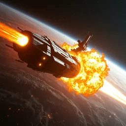 giant scifi spacecraftcarrier, exploding in a blaze in deep space, exhaust engine fire, alex ross, eddie mendoza, raphael lacoste, star citizen, star wars, perry roden, horizon zero dawn, sebastian ludke, concept art, matte painting, highly detailed, rule of thirds, dynamic lighting, cinematic, realism, realistic, photo real, detailed, magnificiant
