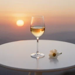 5 5 mm photo of glass of gold wine with flower on a zen minimalist round white table with marmalade sunset in the background. highly detailed 8 k. intricate. lifelike. soft light,
