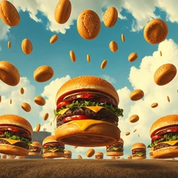 burgers raining from the sky, human perspective, surrealism, rene magritte