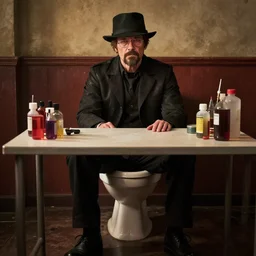 walter white sitting on a toilet behind a table with chemicals in red dead redemption 2