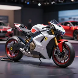 Product shot of a Mass effect futuristic motorcycle designed by Ferrari sitting in a car show, hard surface modeling, octane, trending on artstation, 3d model, 8k