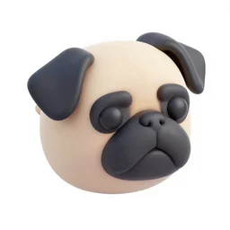 Matte 3d icon of a pug head, isometric perspective on pure white background, 3D render, lat lighting