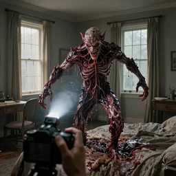 a long shot photograph with camera flash of a male demonic creature made of slimy oozy meat and veins inside a bedroom with a bed, a chair and a table with windows with curtains attacking the pov, photorrealistic, render vray, concept art, film, dslr