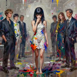 sphinx and full figure standing sorrowful anime girl painted, in a paint splashed room, flash photography, volumetric lighting, realistic, high quality, by and james jean and luc tuymans and vincent lefevre and hernan bas and pat steir and hilma af klint, digital paint, glitch, psychological, dripping paint, generative art, 8 k high quality render, alter