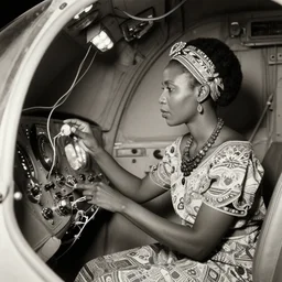 photo of beautiful African native ancient woman inspecting space ship cockpit, wires with lights, vintage old photo, black and white, sepia