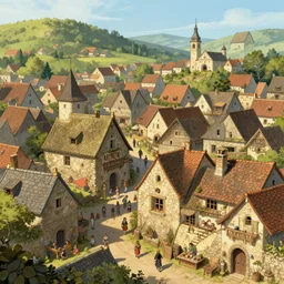 busy medieval village, deviantart, artstation,