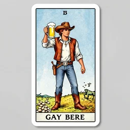 a beautiful symmetrical tarot! card of the gay cowboy!! god of beans and beer, campfire background, homoerotic, art deco!, art nouveau, trending on artstation