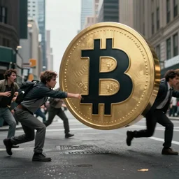 bitcoin monster chasing people scared in city, cinematic composition, designed by cointelegraph, hyper - detailed