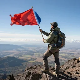 a proud climber holding a flag in the wind, on the top of kilimanjaro, looking out over serengeti super detail, realistic professional photo