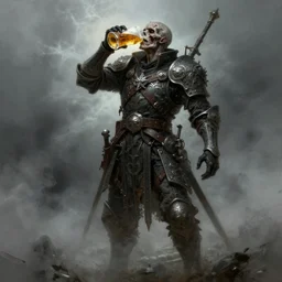 undead soldier drinks beer, beer, glass, beer mug in hand, intricate, triumphantly, foggy background, full body art, dark souls, drawing, concept art, artstation, digital painting