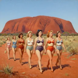 1940s group of pinup bikini girls walking around 1940s Ayers Rock, Uluru, in Australia, oil painting, by Gil Elvgren