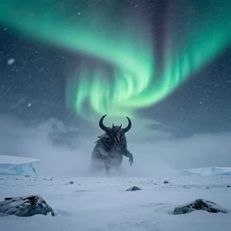 evil rising in antarctica, heavy snow storm, northern lights