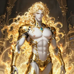 the latest blond male beefcake by Sakimichan, porcelain white skin, gilded baroque obsidian cyberpunk bodysuit, voluptuous male, long curly light blond hair, extremely pale white skin and long fluffy blond curly hair, wreathed in scintillating radiance flames of war, hyper detailed background, 4K, artstation