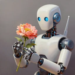 a close up of a robot holding a flower, a digital painting by scott listfield, cgsociety, digital art, made of flowers, digital painting, speedpainting