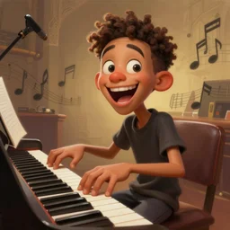 beautiful expressive!!! musical digital painting of ( ( cartoon joyful!!!! jacob collier playing piano in dramatic pose ) ). beautiful highly detailed expressive!! face, intricate musical atmosphere, joyful!!!!! trending on artstation, stunning digital painting, hyper detailed, 4 k, high quality, smooth, sharp focus