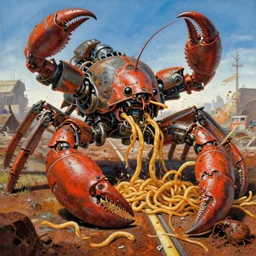painting of 1 9 7 0 mech weaponized crustaceans dangerous collisions, vivid rust noodle roads, dystopia, fine art, cinematic, highly detailed, by shigeru komatsuzaki