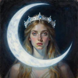 Artemixel, the modern reincarnation of the old selenium god of hunt and moon, also known as Artemis the Selene, carrying the celebrated Crown of the Crescent Moon, wich its usual bright and slightly bluish crescent like the brightness of the night. Portrait by Nicola Samori, by Jeffrey Smith, by Zdzislaw Beksinski, by Paul Gustave Doré, by WLOP, oil on canvas