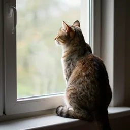 A jack rustle sitting on the window seal looking out the window