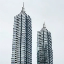 two towers made up of squatter houses made up of glass, mamiya, 8 5 mm, uniform plain sky, fine details, photographed by julie blackmon
