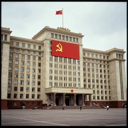 60s movie still of a giant stalinist style sovietic hall with a USSR flag, by Irving Penn , cinestill 800t 35mm eastmancolor, heavy grainy picture, very detailed, high quality, 4k, HD criterion, precise texture, panoramic, cinematic