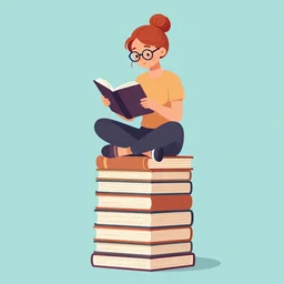 a young woman with red hair in a bun and glasses sits cross legged on top of a tall pile of books. she is reading. clean pretty cartoon painting, flat colors with no shading.