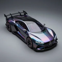 photo of a dark glass and plastic futuristic aerodynamic rectangular box - shaped car with sharp edges and aerodynamic fins and canards, iridescent octopus skin, venturi tunnels, neon lights, mercedez benz electric car style, studio lighting, spaceship style, hard surfaces