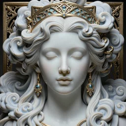 detailed realistic face portrait octane render, artwork by james jean, chiara bautista, smooth polished matte porcelain, queen of futility, jean delville, art nouveau, james jean spiraling clouds, ornate metal gothic icon heavy patina, joy, delicate, enchanting, otherworldly, whimsical, ethereal, mythology, magical, surreal dreamscape