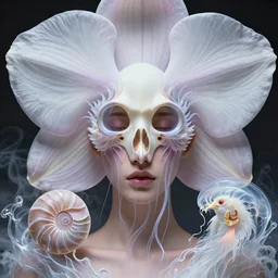 3 d head shot portrait of the face of a beautiful princess, giant orchid flower, depth of field, high contrast and sharpness, jellyfish face skull phoenix bird, translucent, nautilus, smoke and water energy flow. highly detailed, epic. octane render, excellent composition, by wlop, tooth wu, greg rutkowski, beeple