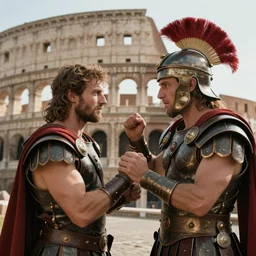 gladiator fighting, realistic faces, colosseum, wonderful masterpiece by greg rutkowski, beautiful cinematic light, by greg manchess, jessica rossier