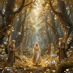 magical forest with gold and silver leafs, music, girl with blond long hair, elves, lord of the rings style, ultra detailed, trending on artstation, concept art, octane render, unreal engine, by shinji aramaki, by christopher balaskas, by krenz cushart