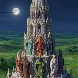 The great intricate marble wizards tower, painted landscape, green fields in the background, moody lighting, moon in the night sky, sharp image, 4k, artstation, colorful digital art