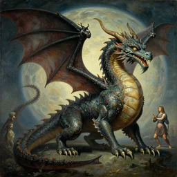 A majestic gothic planetary dragon, by Salvador Dali, by Francisco de Goya, by Caravaggio, masterpiece, oil on canvas, concept art, matte painting, trending on artstation, top on pixiv, cinematic composition, dramatic scene, beautiful lighting, sharp, high details, astrophotography, no frames, 8K