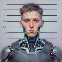 illustration of an male cyberpunk character wearing bionic implants, criminal mugshot, gritty, gritty, highly detailed, oil on canvas, soft lighting, neon pastel colors, by WLOP and Greg Staples, HD, 4K