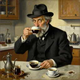 a painting of a old and strange dusty professor in black suite and hat making a study of drinking 1 0 cups of black coffee in 5 seconds in a kitchen that is melting, styled and painted by giorgio de chirico