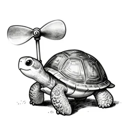 storybook illustration of a turtle with a propeller, storybook illustration, monochromatic