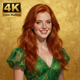 Highly detailed portrait painting of a beautiful young woman with red hair, smiling by Craig Mullins and Ross Tran, Green dress, Golden Background, Fabric texture, Golden thread, intricate patterns, Trending on artstation, pinterest, cgsociety, 4k, 8k, HDR, award winning, unreal engine