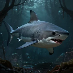 a giant shark piranha, in a dark world, horror art, fantasy art, horror, spooky, super detailed, trending on artstation, hdr