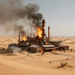 a burning factory in the middle of a sandy desert. artstation. high-quality.