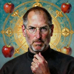hyper realistic portrait painting of steve jobs ( intrincate detail, golden ornaments, apples ) wet, apples, by godward, gustav moreau, saturno butto, boris vallejo, austin osman spare and david kassan, by bussiere. occult art, occult diagram, turquoise and orange color scheme.