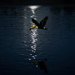 a toucan flying on a lake and reflection on the lake surface, midnight, lake, reflections, dark, mystery, wavy lake, moon light, dark atmosphere