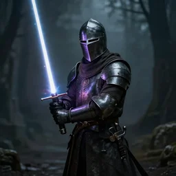 A medieval knight wielding a lightsaber, photorealistic, gloomy