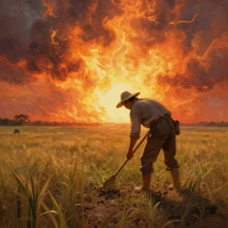 a farmer farming in war, blazing sky, painting, midjourney style