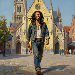 bob marley walking in bruges, painted by cristopher balaskas, sunny, happy