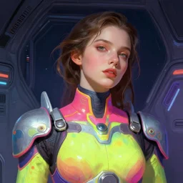 Exhausted good looking  young  woman, close up portrait, wearing neon colored armour suit in a space station, elegant, intricate, retrofuturistic digital painting, artstation, concept art, smooth, sharp focus, illustration, art by artgerm and greg rutkowski and alphonse mucha
