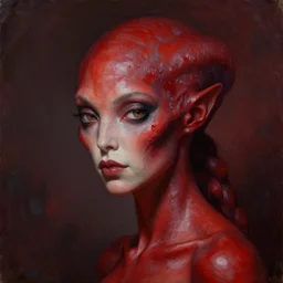 a beautiful alien woman with ruby skin, painted by artgerm and tom bagshaw, fantasy art, dramatic lighting, highly detailed oil painting